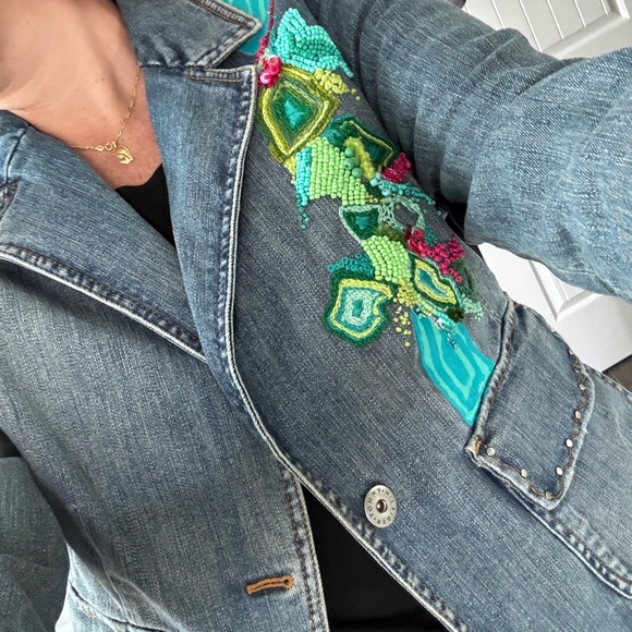 Denim Jacket with modern embrodery with beads. Unique, handmade. - Picture 5 of 6